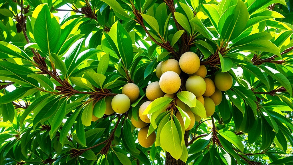 Vibrant tropical soursop tree with abundant green leaves in natural sunlight, lush foliage, rainforest environment, botanical photography style