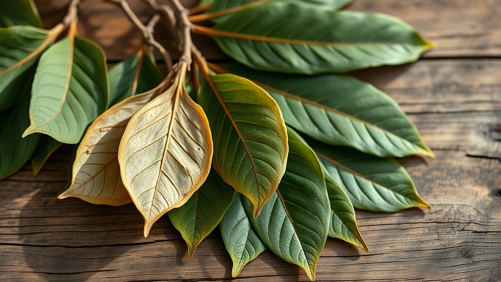 Dried soursop leaves arranged on rustic wooden surface with natural morning light, botanical photography style