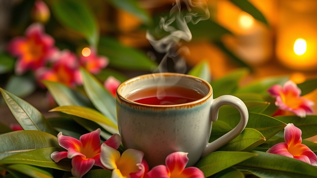 Steaming cup of soursop leaf tea in ceramic mug surrounded by fresh soursop leaves and flowers, warm ambient lighting