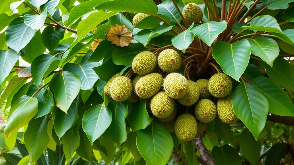 Lush soursop tree with heart-shaped leaves and spiky green fruits in tropical garden setting, natural daylight