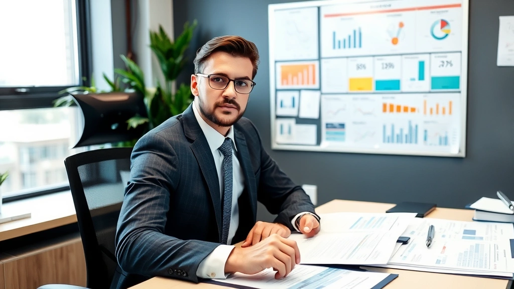 Professional person at desk with strategic planning documents, charts, and vision board on wall, focused and determined expression