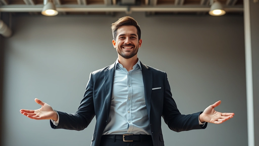 Confident person standing tall with open posture, bright lighting, professional attire, inspiring atmosphere, clear eyes, genuine smile