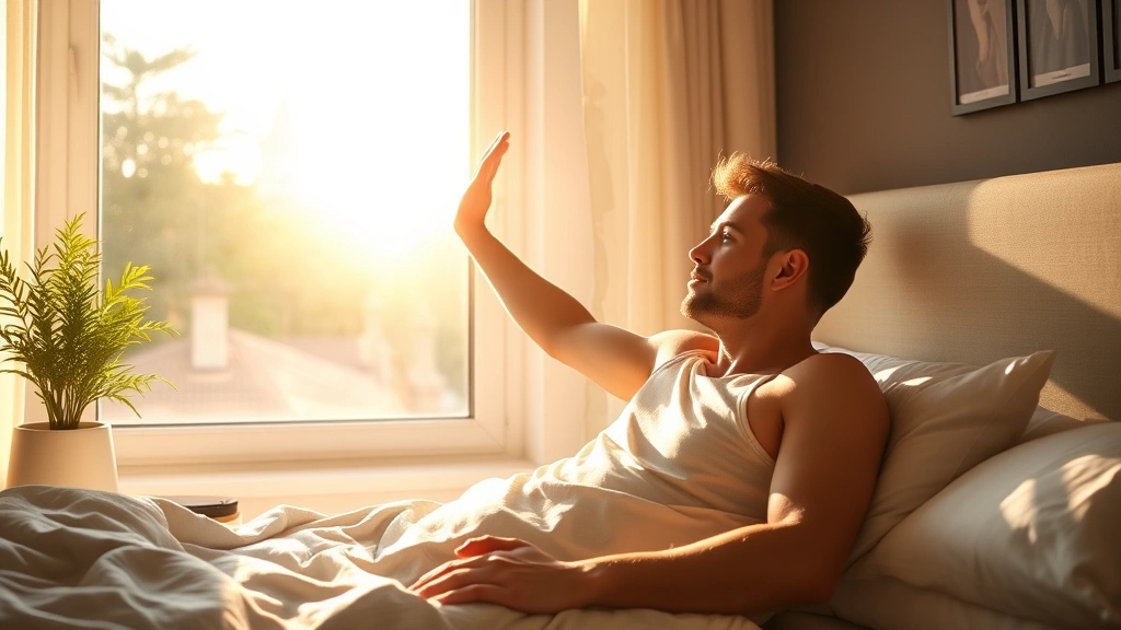 Person waking up energized by morning sunlight streaming through bedroom window at dawn