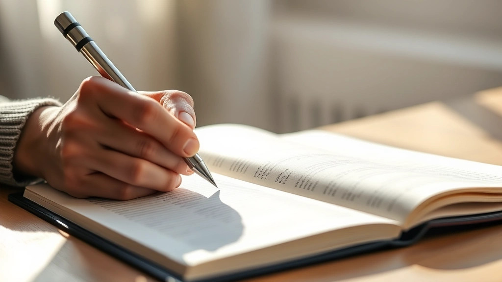 Close-up of person writing in journal with coffee cup, morning sunlight, growth mindset visualization, personal development scene