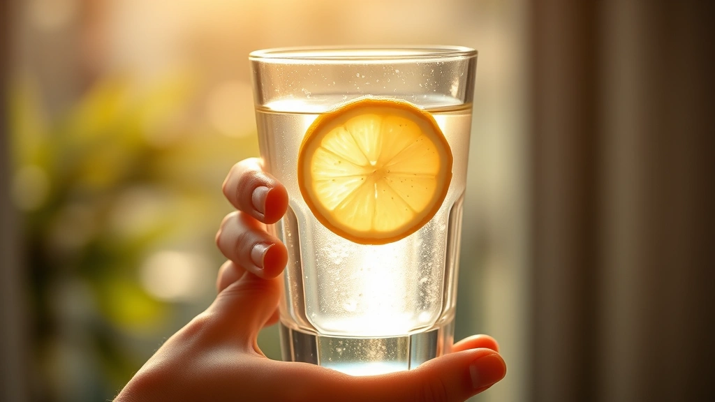 Close-up of hands holding water glass with lemon slice, morning light background