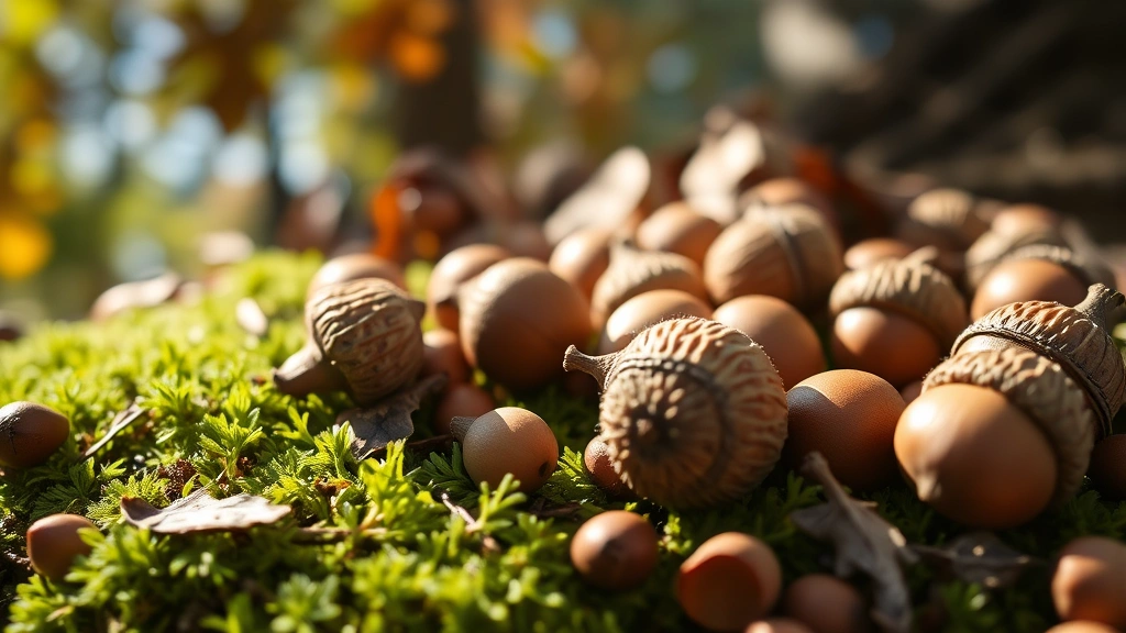 Close-up of fresh acorns scattered on forest moss and oak leaves, natural sunlight filtering through canopy, showing texture and detail of acorn caps