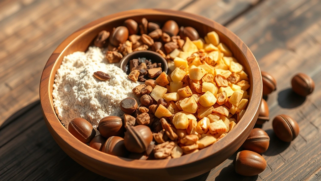 Wooden bowl filled with processed acorn flour, acorn pieces, and roasted whole acorns arranged artfully, warm natural lighting, rustic wooden table setting