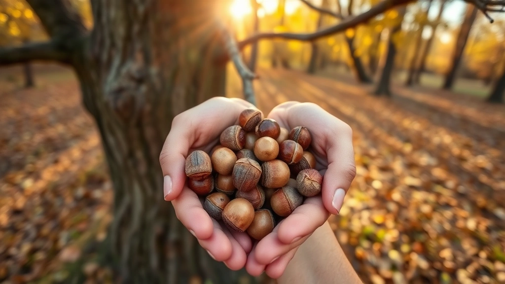 Hands holding a handful of whole acorns freshly harvested from beneath an oak tree, autumn forest background with golden sunlight, showing scale and texture
