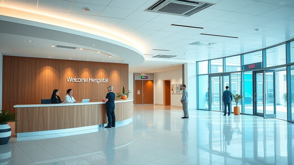 Modern hospital lobby with welcoming reception desk, soft lighting, clean contemporary design, patients and staff interacting professionally, bright and calming atmosphere