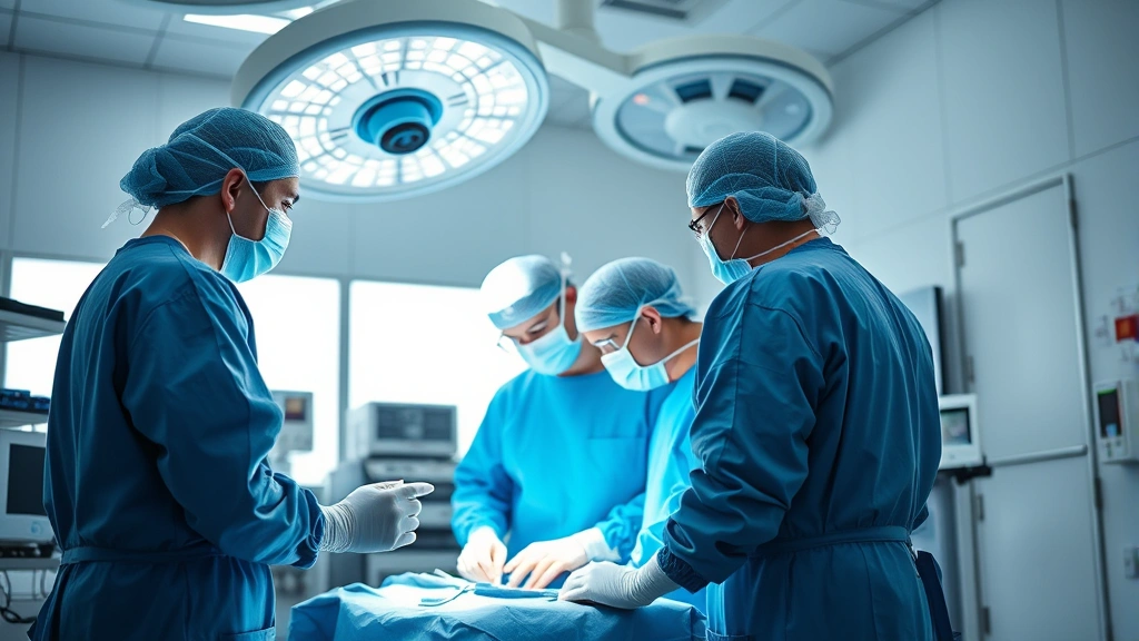 Surgical team in operating room performing procedure, advanced medical equipment visible, focused medical professionals in surgical attire, state-of-the-art facility environment