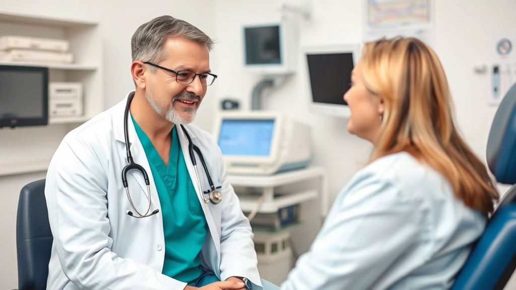 Healthcare provider consulting with patient in examination room, compassionate interaction, medical technology in background, patient feeling comfortable and supported