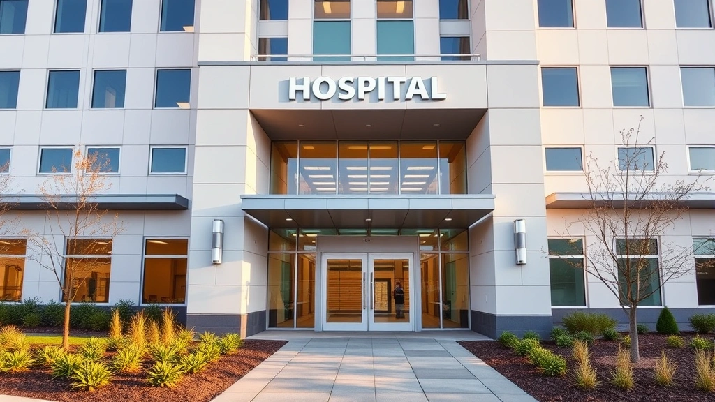 Modern hospital building exterior with welcoming entrance, glass doors, landscaping, daytime natural lighting, clean architectural design, healthcare facility aesthetic