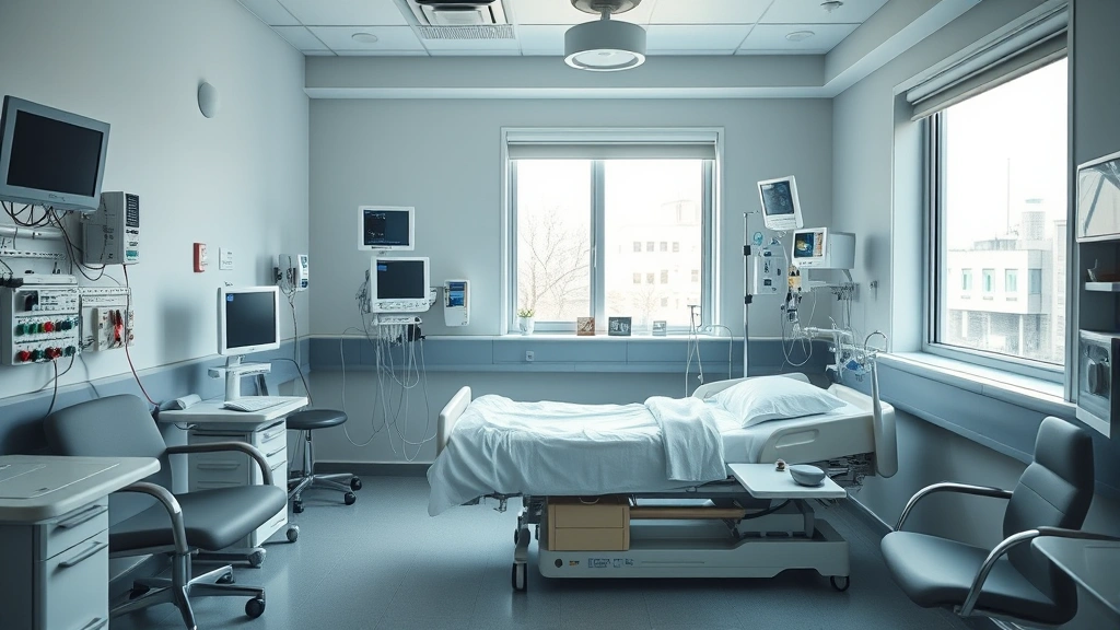 Hospital patient room interior with bed, medical monitoring equipment, comfortable seating, window with natural light, sterile but warm environment, healthcare setting