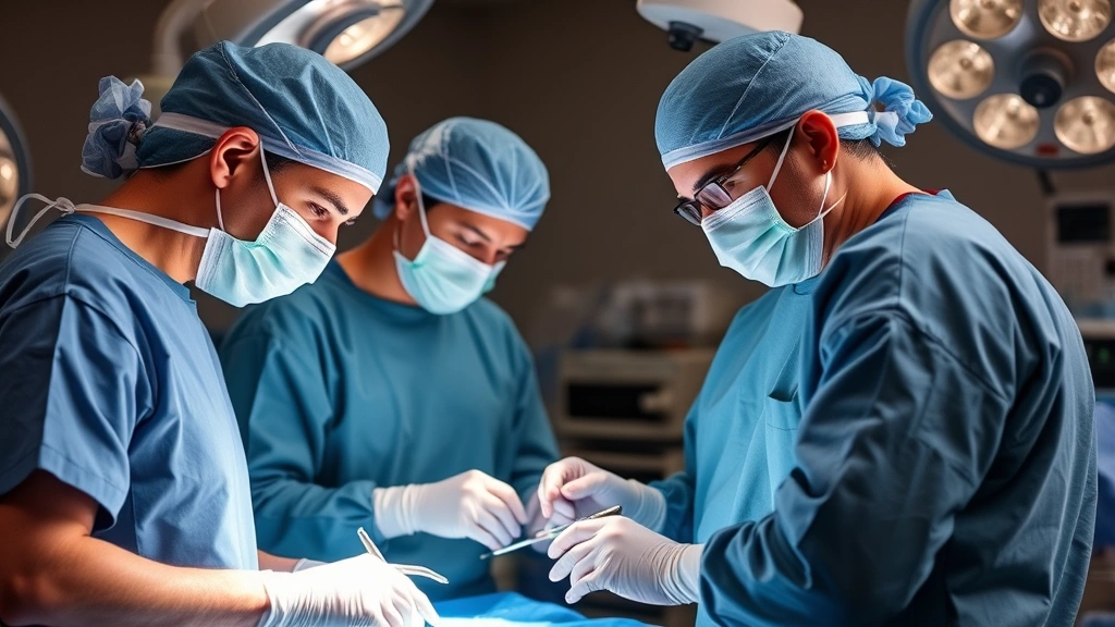 Medical team in surgical setting wearing scrubs and masks, performing procedure with surgical instruments, operating room environment, focused professional atmosphere, healthcare professionals at work