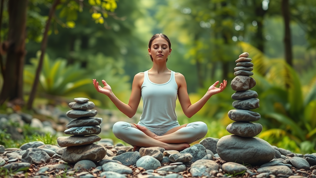 Peaceful person meditating in nature surrounded by balanced stones representing harmony and wellness, no text, no words, no letters