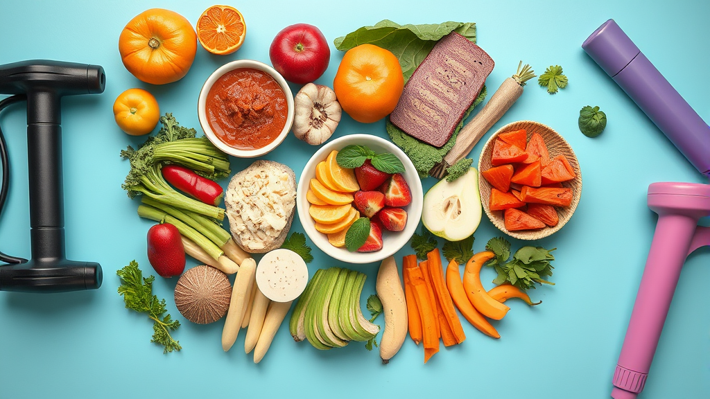 Colorful healthy foods arranged in balanced portions with exercise equipment showing holistic wellness approach, no text, no words, no letters