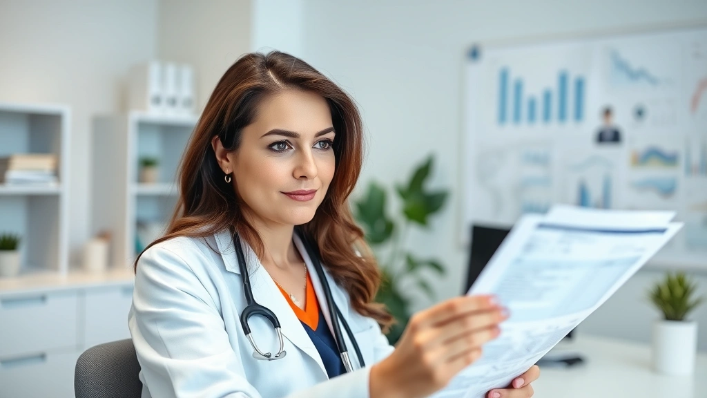 Professional woman in modern medical office reviewing health charts and lab results with calm, focused expression, minimalist healthcare environment