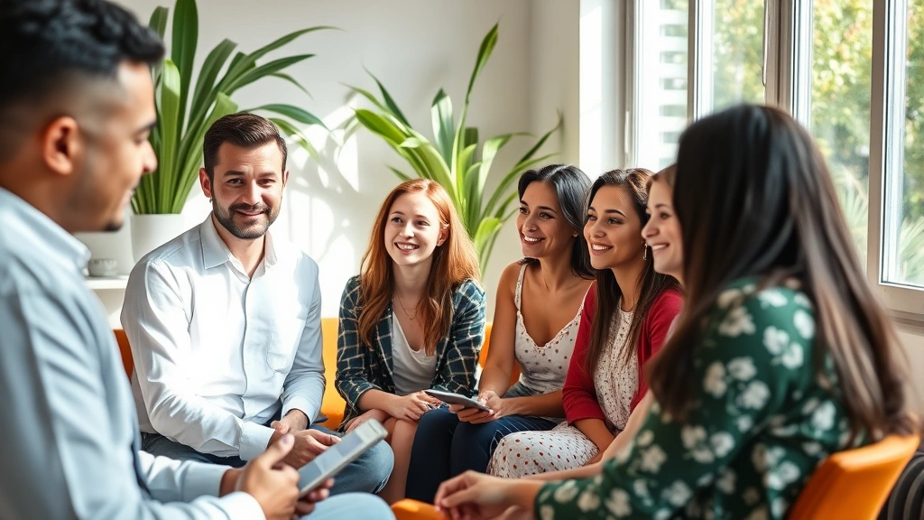 Diverse group of people in wellness setting reviewing personalized health protocols, natural lighting, positive energy, digital health tracking visible
