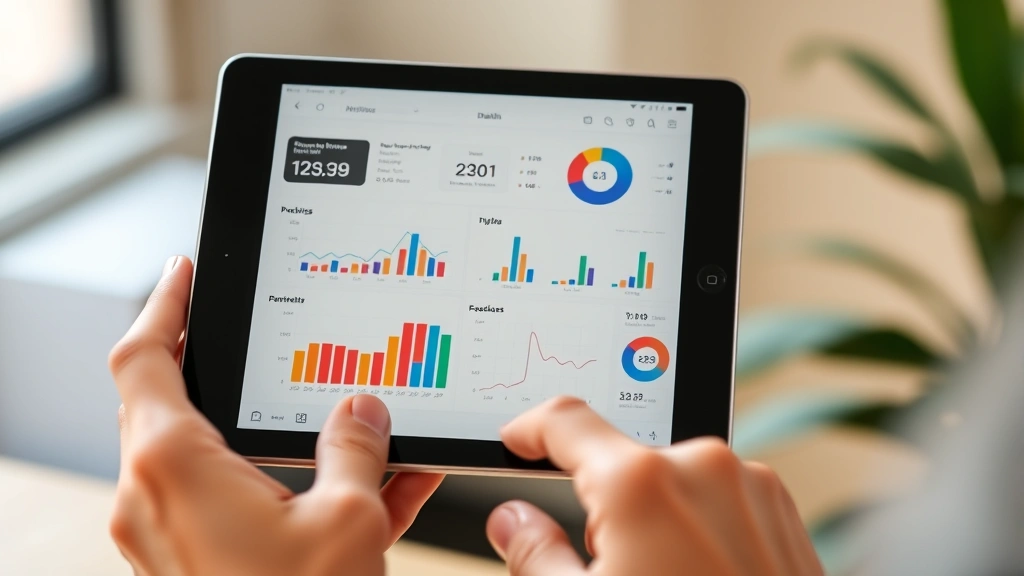 Close-up of hands holding tablet showing health data dashboard with charts and metrics, clean modern interface, wellness-focused design