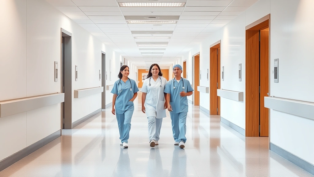 Modern hospital corridor with clean architecture, soft lighting, and welcoming atmosphere showing medical professionals in scrubs walking together