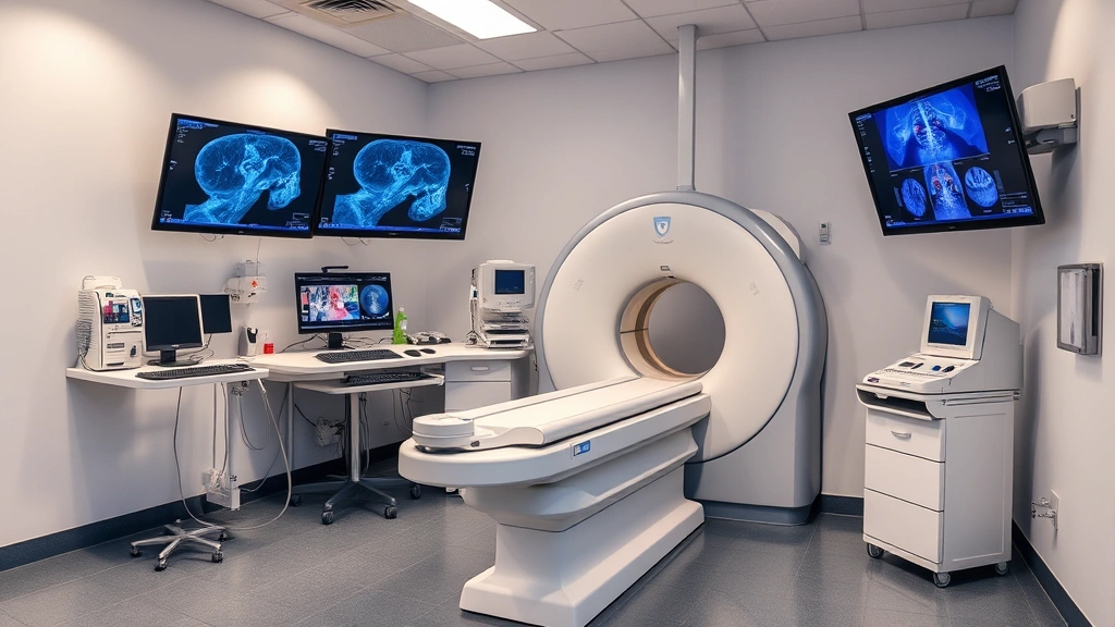 Advanced medical imaging technology room with CT or MRI machine, sophisticated equipment displays, and clinical monitoring screens