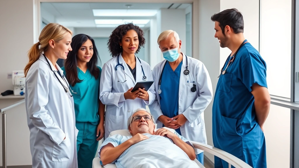 Diverse healthcare team in clinical setting collaborating around patient care, showing doctors, nurses, and specialists in professional environment