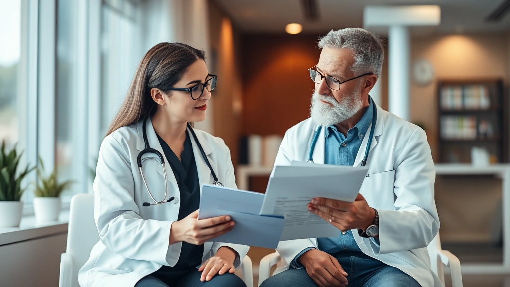 Professional healthcare consultation scene: doctor and patient in modern clinic discussing medical records and treatment options, warm lighting, natural interaction