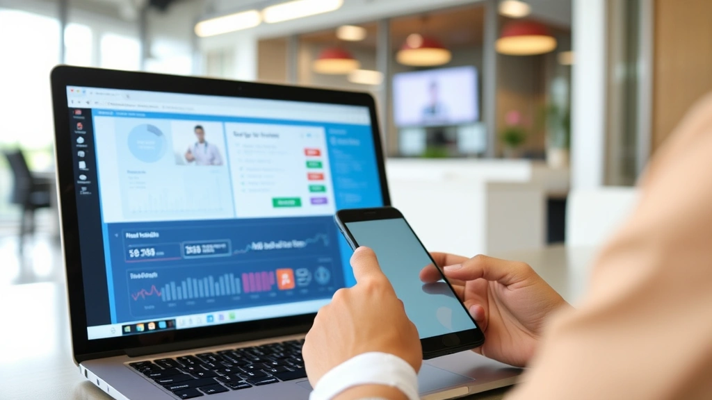Healthcare technology interface: person using smartphone and laptop to manage health insurance information, digital screens showing medical data, modern office setting