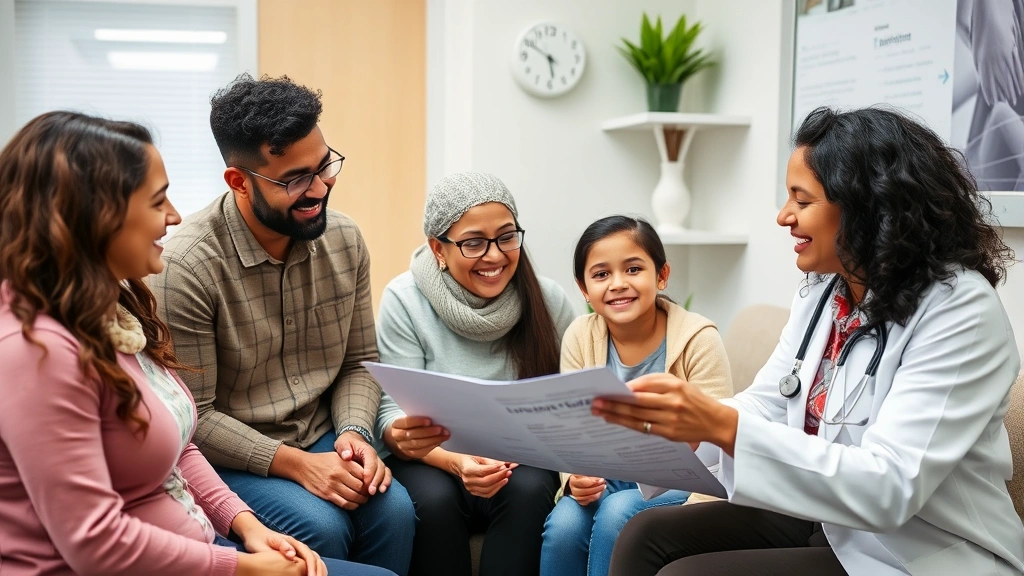 Diverse family in healthcare setting: multigenerational group at preventive health visit, doctor reviewing health information, comfortable clinic environment, genuine smiles
