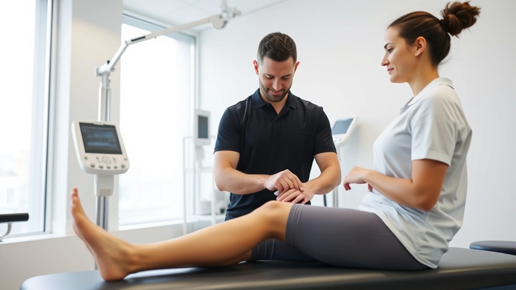 Physical therapist treating patient's leg during rehabilitation session in modern clinic with equipment