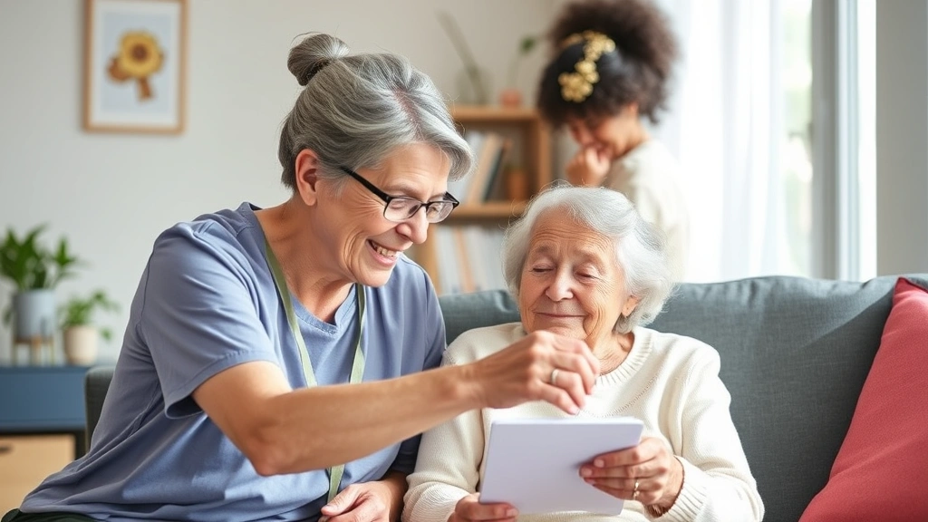 Occupational therapist helping elderly woman with daily living activities in bright home setting