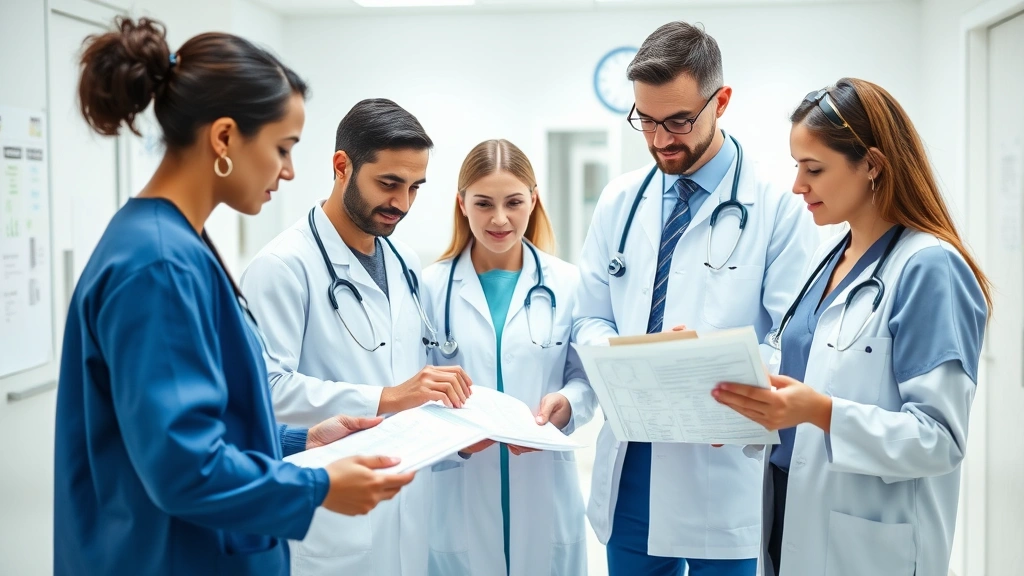 Diverse healthcare professionals in clinical setting collaborating over patient charts, teamwork in modern medical environment