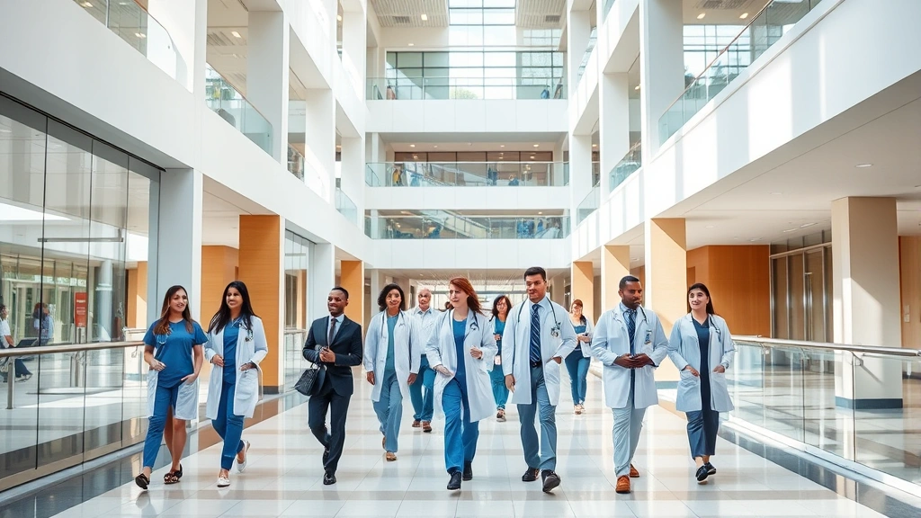 Modern hospital atrium with healthcare professionals walking through contemporary architecture, natural lighting, diverse medical staff in scrubs and business attire