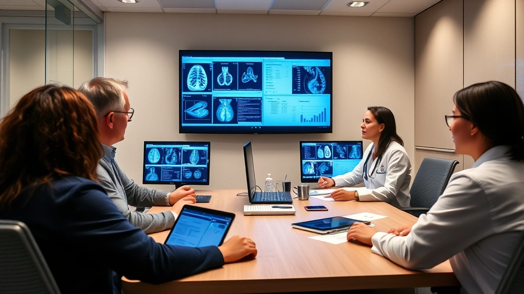 Healthcare team in conference room reviewing digital displays with patient data, charts, and medical imaging on screens, collaborative clinical environment
