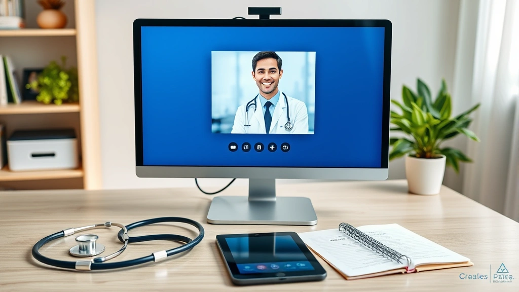 Telemedicine setup showing computer monitor with video consultation interface, stethoscope, tablet, and medical notes on professional desk, home healthcare setting