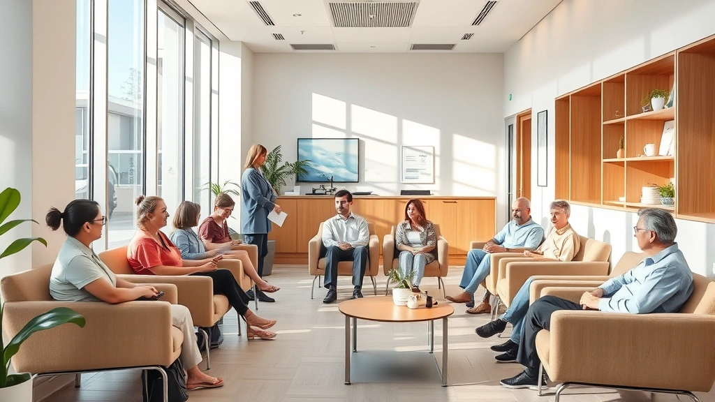 Modern healthcare clinic interior with diverse patients in comfortable waiting area, natural lighting, contemporary furniture, welcoming atmosphere, no text visible