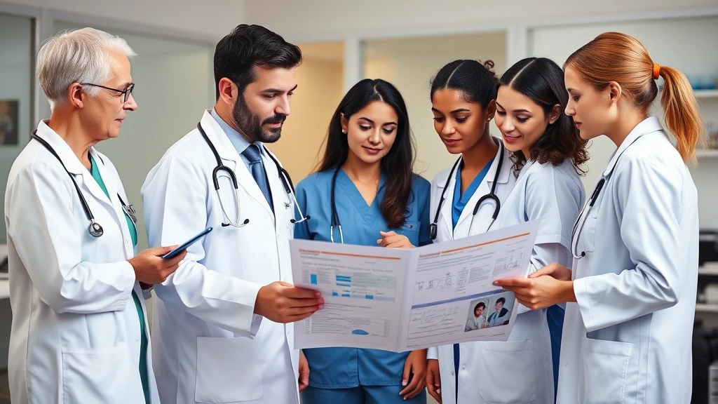 Healthcare professionals collaborating around patient chart in clinical setting, diverse team of doctors and nurses, focused expressions, medical office background