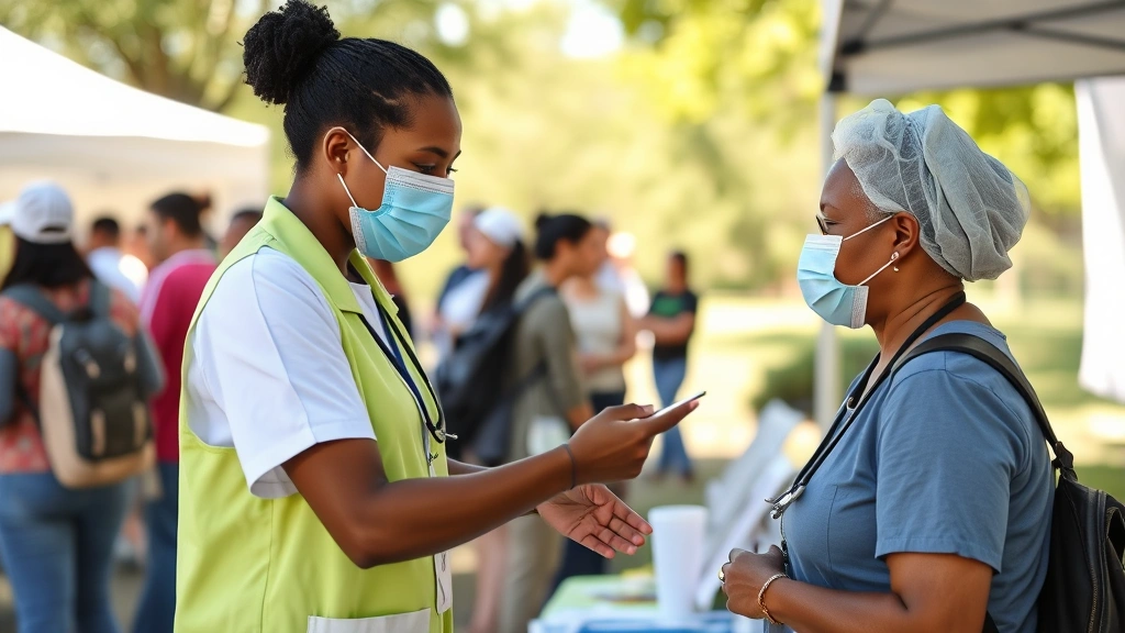 Community health worker conducting health screening at outdoor community event, people in background participating, sunny day, wellness fair setup