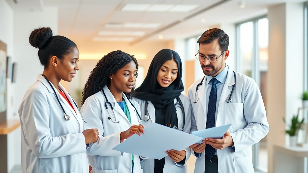 Modern diverse medical team in white coats reviewing patient charts in a bright, welcoming clinic setting with warm natural lighting and contemporary healthcare environment