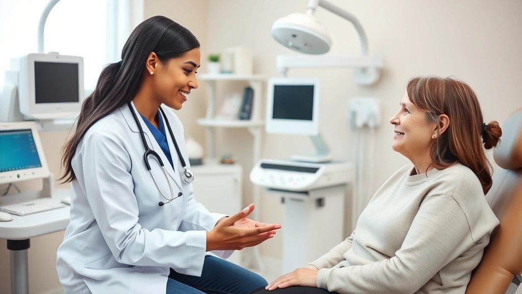 Healthcare provider conducting a compassionate consultation with a patient in a comfortable examination room featuring modern medical equipment and soothing neutral tones