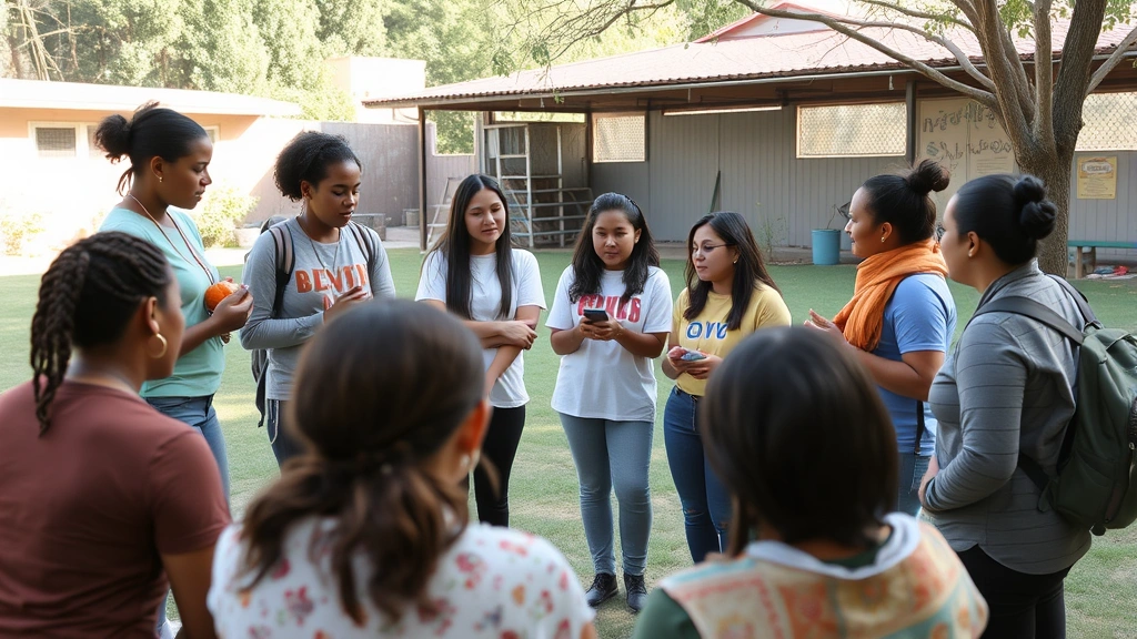 Community health workers facilitating an outdoor wellness education session with diverse participants engaged in discussion about nutrition and preventive health practices