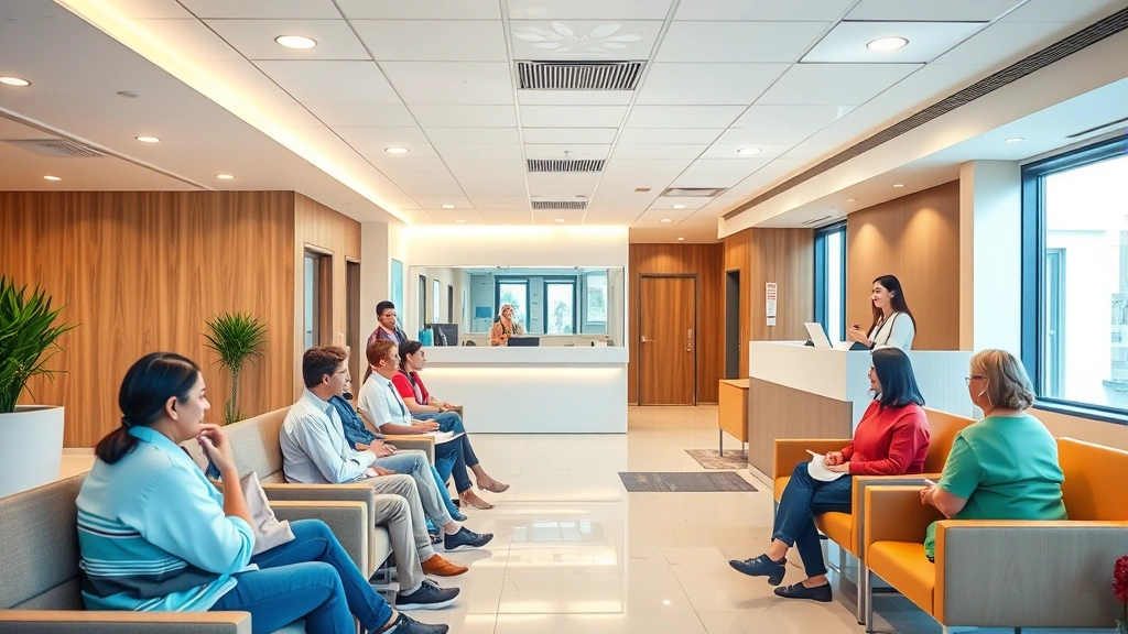 Modern medical clinic reception area with warm lighting, comfortable seating, diverse patients waiting, professional healthcare staff at desk, welcoming atmosphere, no signage or text visible