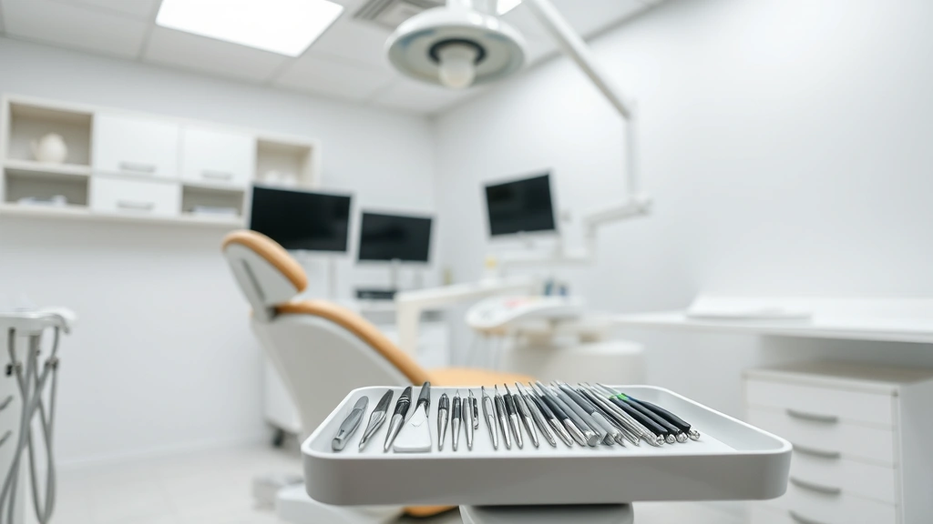 Dentist's chair and equipment in bright clinical setting, overhead lights, modern dental tools organized on tray, clean white surfaces, patient comfort focus, professional dental office environment