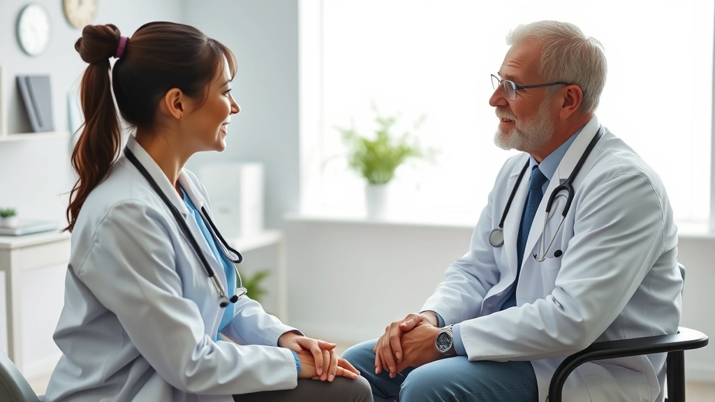 Healthcare provider conducting a patient consultation in a bright examination room, showing compassionate listening and professional medical care delivery