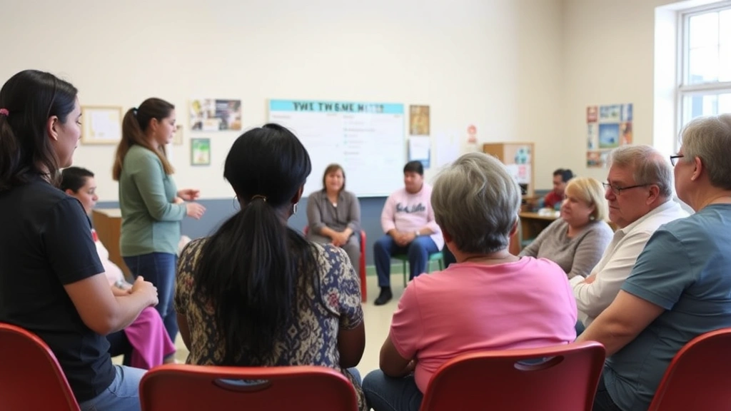 Group of people participating in a health education workshop or community wellness program in a community center setting