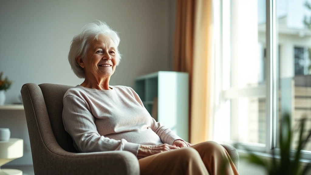 Elderly woman sitting peacefully in a comfortable armchair by a sunny window in a modern living room, smiling with a sense of calm and contentment.