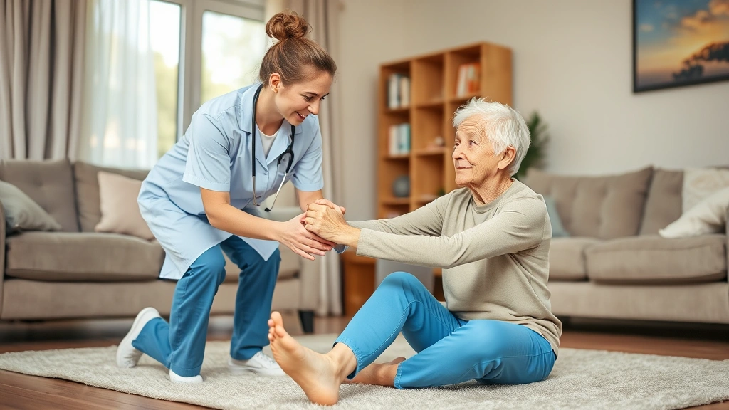 Professional healthcare worker gently assisting an older adult with gentle exercises on a home living room floor, both focused and supportive.