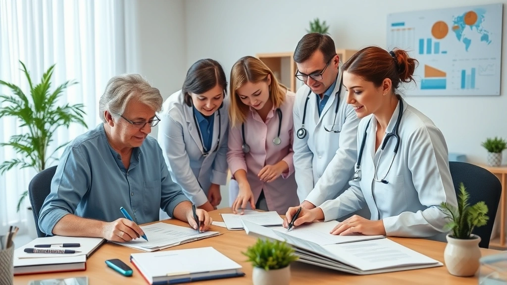 Diverse team of healthcare professionals collaborating over care documentation at a desk, representing coordination and quality oversight in home health services