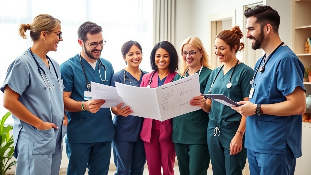 Diverse team of healthcare professionals in scrubs reviewing medical charts and smiling together in a bright, welcoming home healthcare office setting.