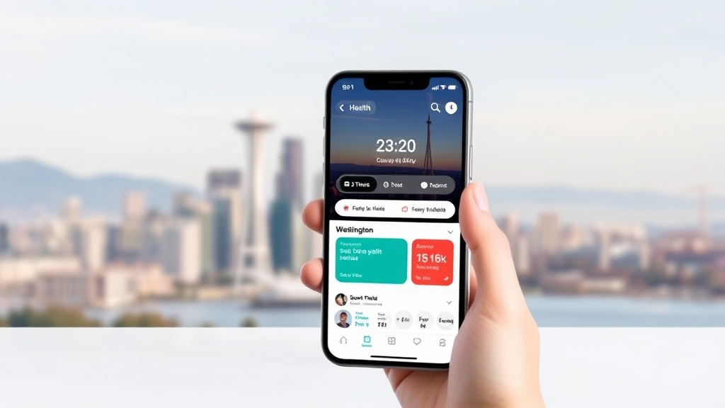 Modern smartphone displaying health app interface with Washington state skyline in background, clean minimalist design, no text no words no letters